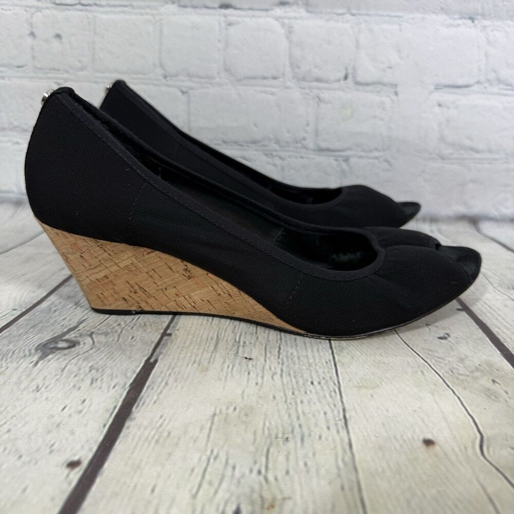 Donald Pliner Wedge Sandals Women 9 1/2  Black Peep Toe Canva Preppy Minimalist